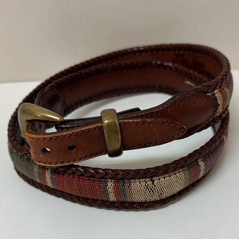 LL Bean Men's 42 Brown Leather Braided Belt Southwestern Woven Inlay Brass